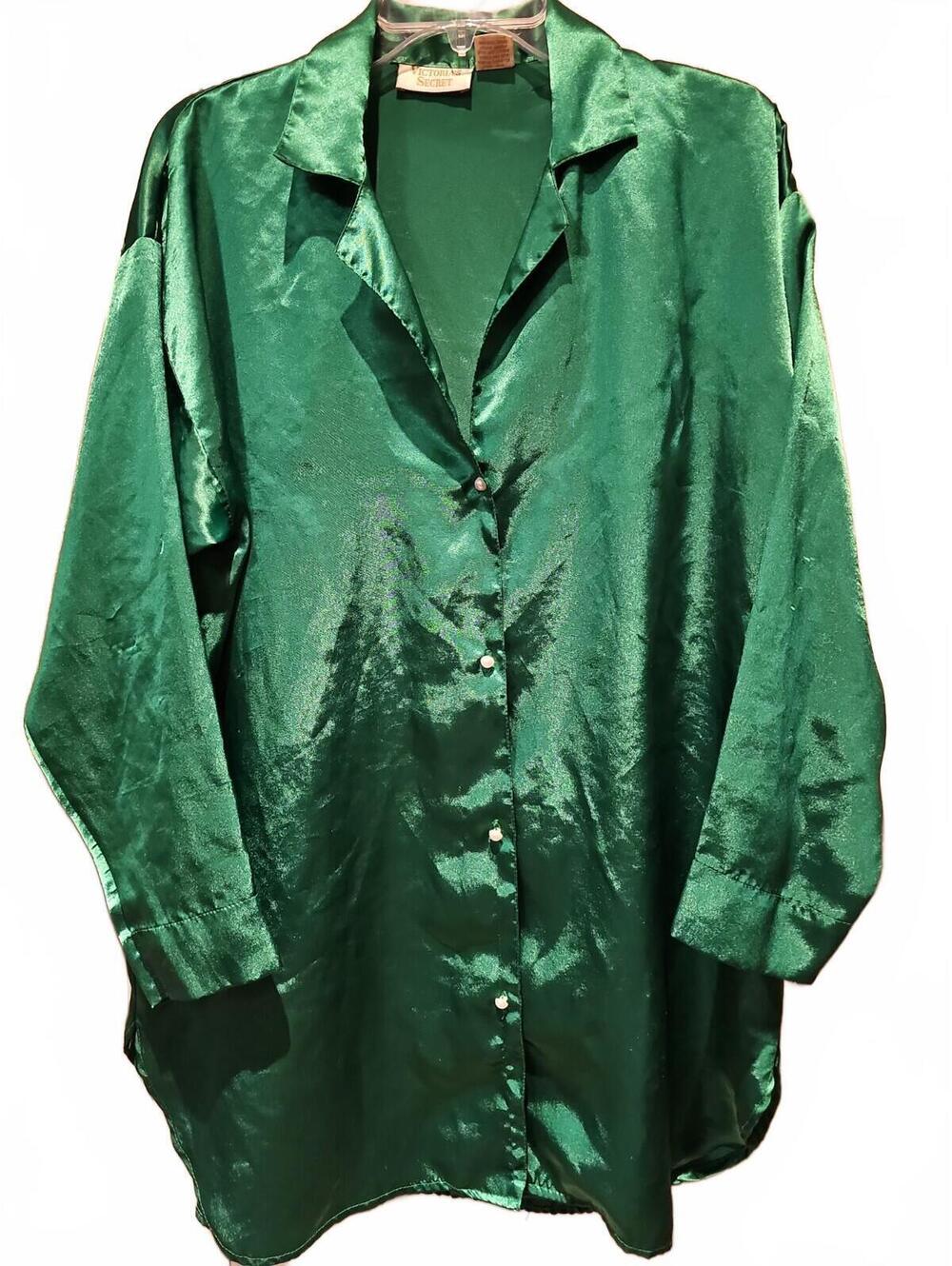 Vintage Victoria Secret Gold Label Green Satin pajama Top Size Small Petite